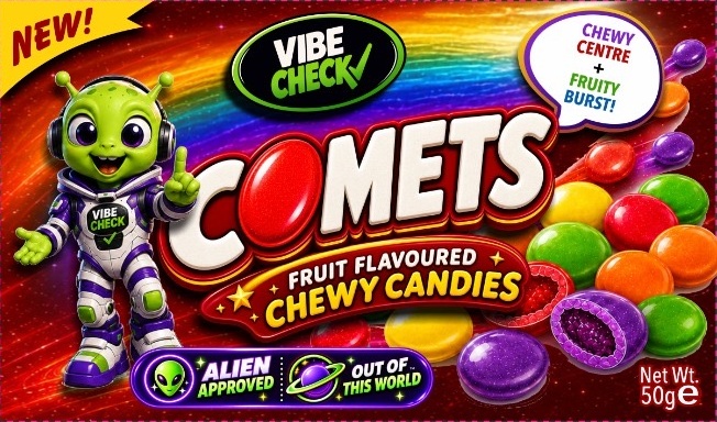 Comets fruit-flavoured chewy candy box artwork