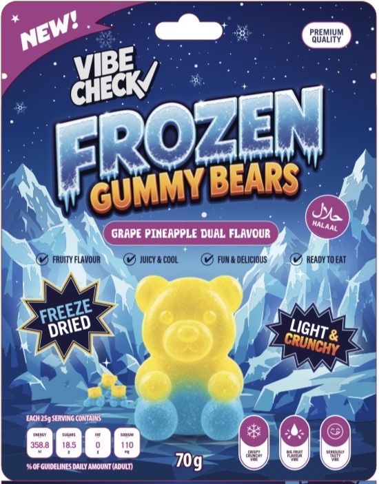 Vibe Check freeze-dried gummy bears in grape and pineapple flavour