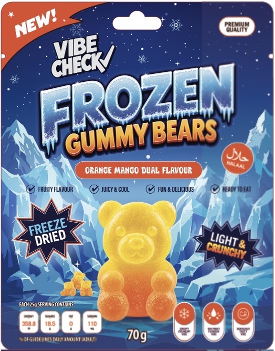 Vibe Check freeze-dried gummy bears in orange and mango flavour