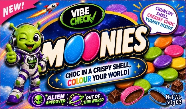 Moonies colourful chocolate bean box artwork